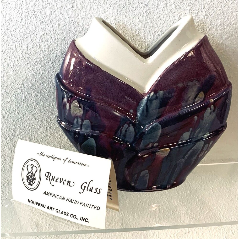 Rueven Glass by Nouveau Art Glass Co Inc V-Shaped Vase Handpainted 6"x4" 80s-20s